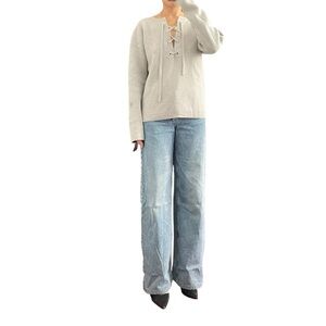 J. Crew Collection Gray Bonded Front Lace Up Merino Wool Sweater Size S